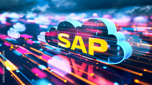 Cloud Computing Data Management. Neon glowing cloud symbol with a dynamic digital circuit pattern background. SAP technology