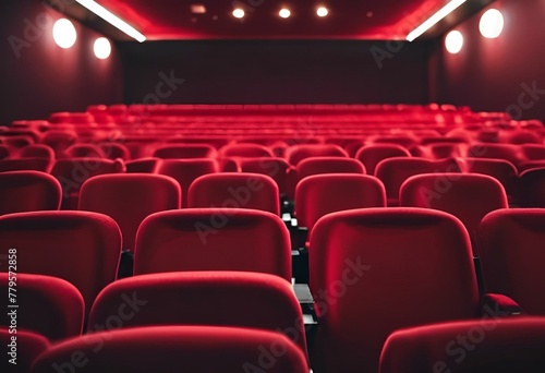 rows of seats sit in a dark theatre auditorium with red lighting