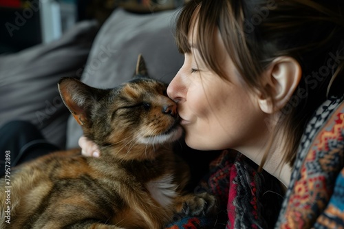 AI generated illustration of a brunette woman embracing a feline companion