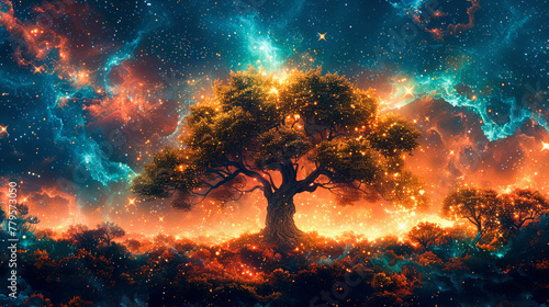 Majestic tree with glowing leaves stands amidst a starry night sky, evoking a sense of cosmic wonder and natural beauty.