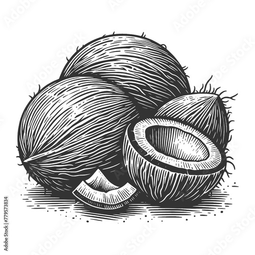 Coconut whole and sliced, a tropical fruit staple sketch engraving generative ai raster illustration. Scratch board imitation. Black and white image. photo