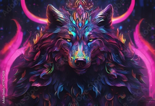 AI generated illustration of a colorful wolf with horns in a mesmerizing fantasy portrait