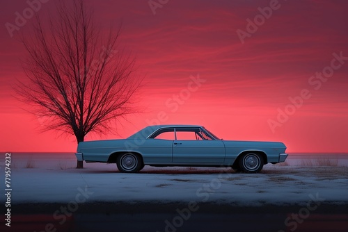 AI generated illustration of a car parked in the snow at sunset with a red sky in the background
