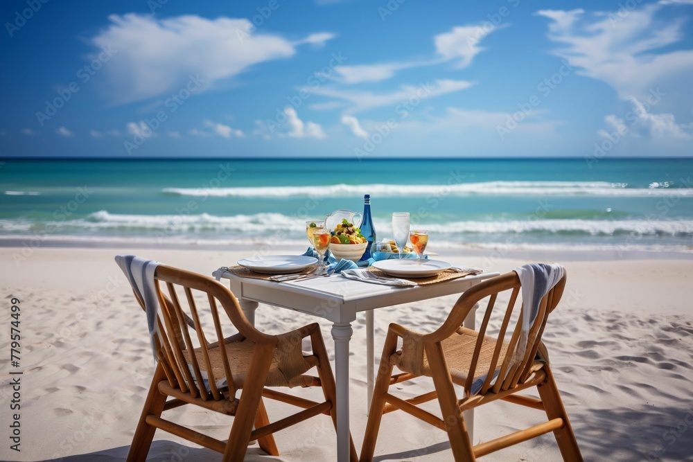 AI generated  tranquil beach scene with two beach chairs and a table set with two glasses
