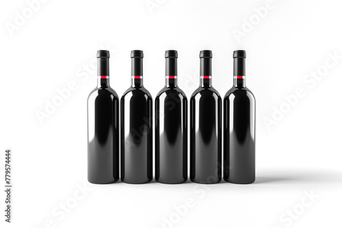 Five bottles of wine are lined up on a white background