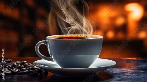 AI generated illustration of a cup filled with freshly brewed black coffee on a wooden table