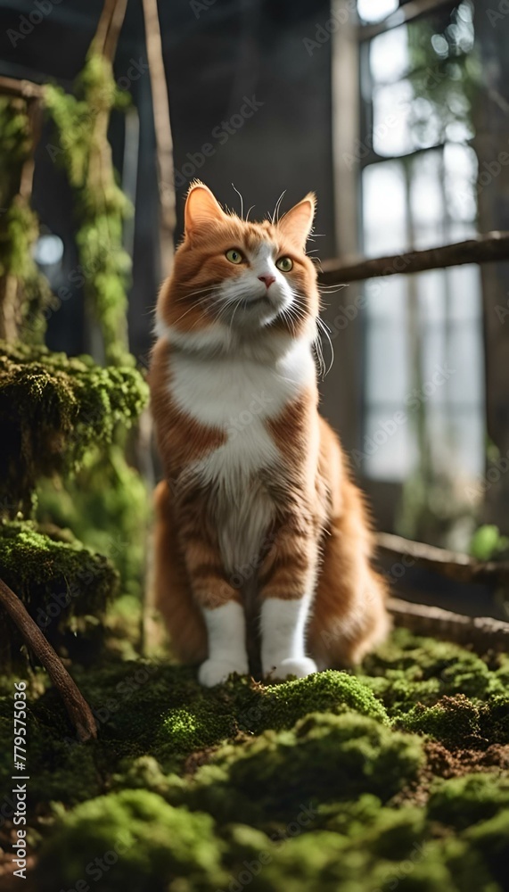 an orange and white cat stands in front of some moss