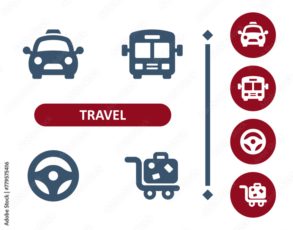 Travel icons. Tourism, cab, taxi, bus, steering wheel, luggage, baggage icon - obrazy, fototapety, plakaty 