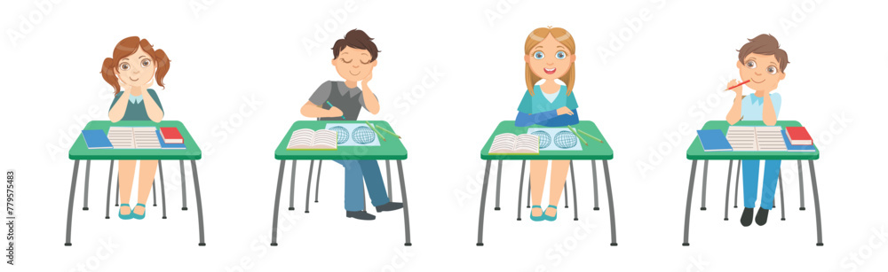 Kid Pupil Character at School Lesson Having Primary Education Vector Set