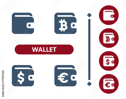Wallet Icons. Dollar, euro, bitcoin, cryptocurrency, crypto currency icon