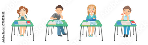Kid Pupil Character at School Lesson Having Primary Education Vector Set