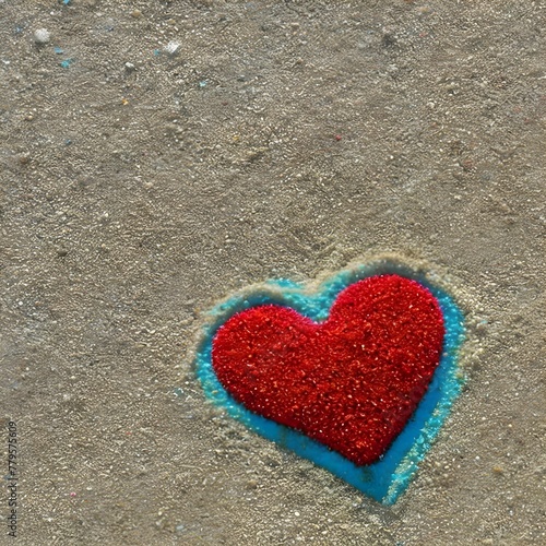 a red heart with blue edges in the sand by itself