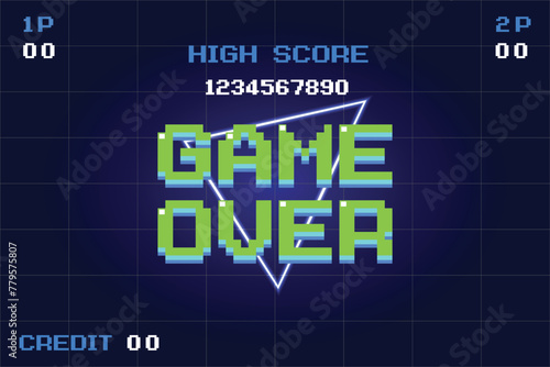 Game Over, Retro games for game assets in retro futuristic sci-fi background vector illustration. Glowing neon from an old arcade