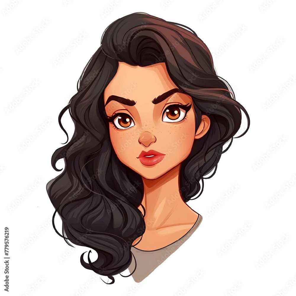 a cartoon girl with black hair and long brown hair, wearing grey top a cartoon girl with black hair and long brown hair, wearing grey top