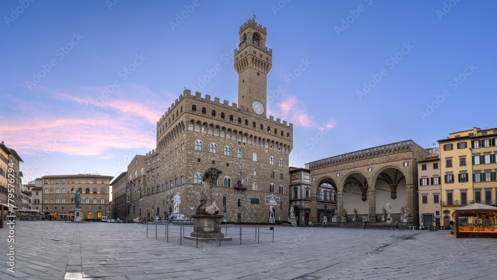 Early morning in Florence Italy - View of the Square of Signora and the Palace Vecchio