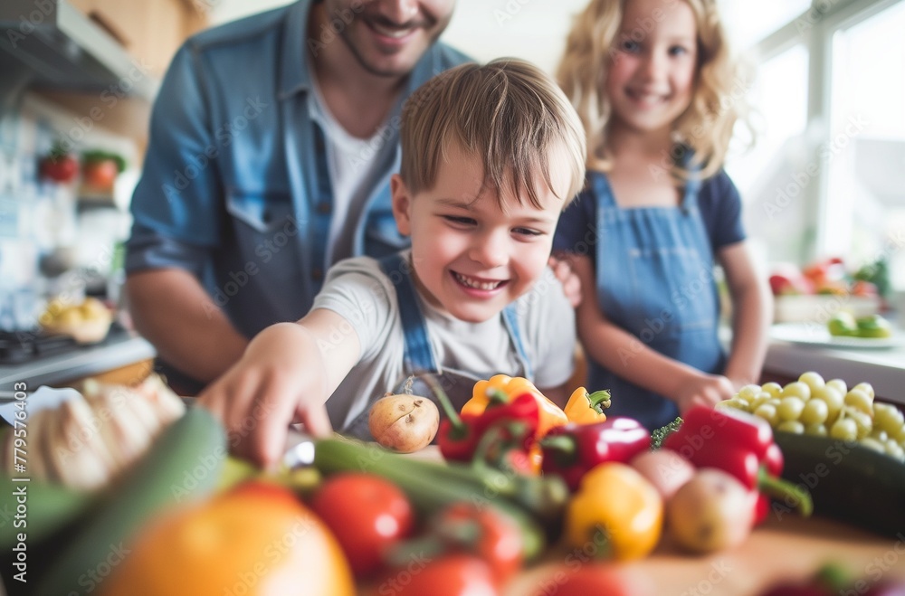 AI generated illustration of the dad with his children cooking vegetables in the kitchen AI generated illustration of the dad with his children cooking vegetables in the kitchen