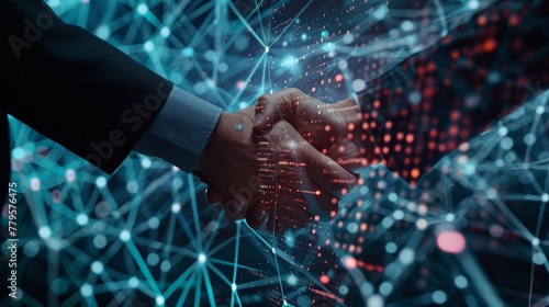 Close up of business people shaking hands against technology background, leader, teamwork, target, Aim, confident, achievement, goal, on plan, finish, generate by AI © pinkrabbit
