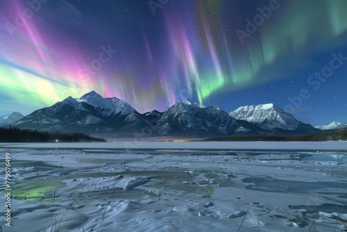 Breathtaking Northern Lights display over snowy mountains reflecting on a serene frozen lake © P