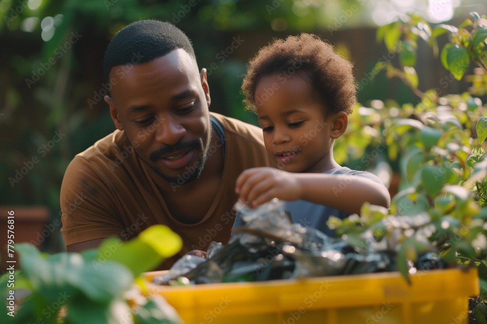 AI generated illustration of black father and a child with recycling bins AI generated illustration of black father and a child with recycling bins