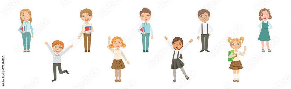 Kid Pupil Character Standing with Book Back to School Lesson Vector Set Kid Pupil Character Standing with Book Back to School Lesson Vector Set