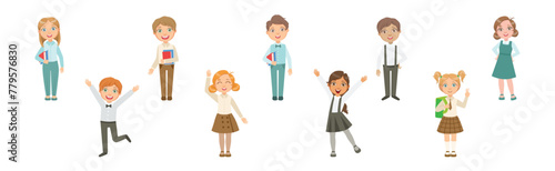 Kid Pupil Character Standing with Book Back to School Lesson Vector Set