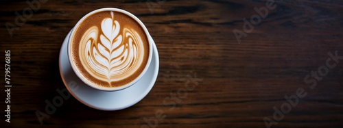 AI generated illustration of A a flat white in a saucer with a leaf design on a wooden surface