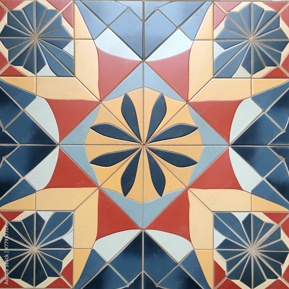 AI generated illustration of a vibrant floor tile featuring a repeating flower motif