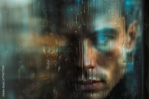 AI generated illustration of a man observing rain through the window during a downpour