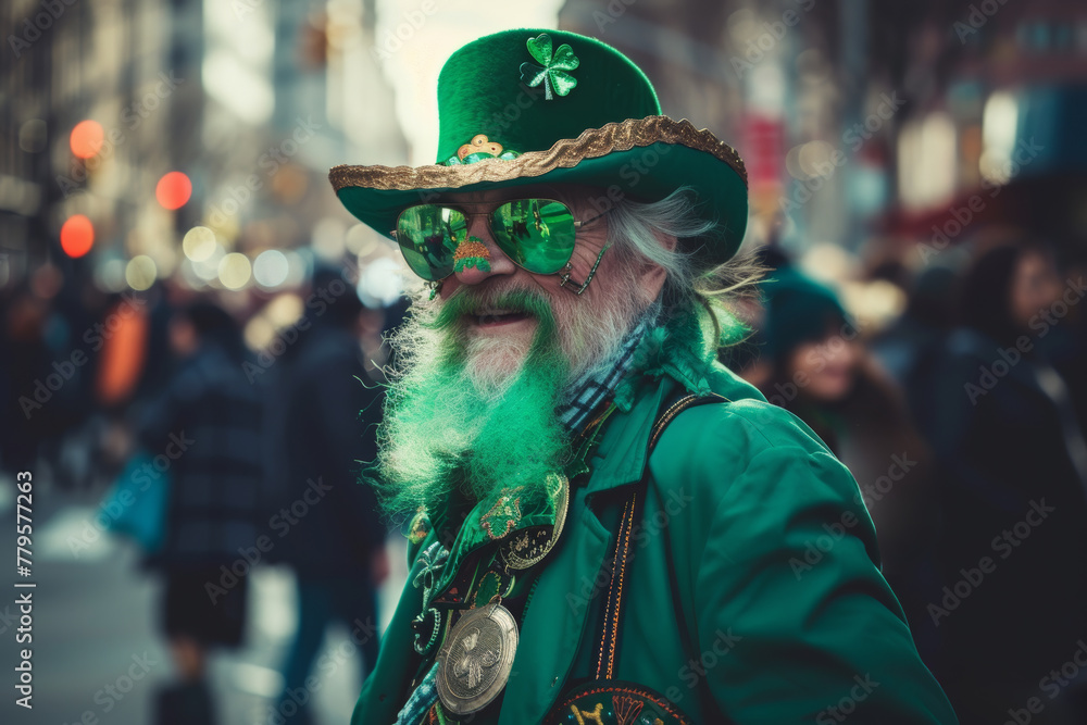 AI generated illustration of a man dressed as shamrock king with a green hat and beard