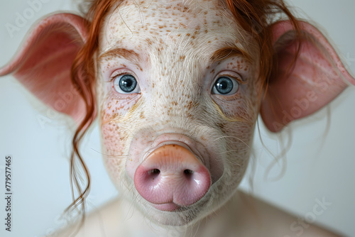 Closeup portrait of woman-pig hybrid face with pig nose and pig skin texture isolated on a white background