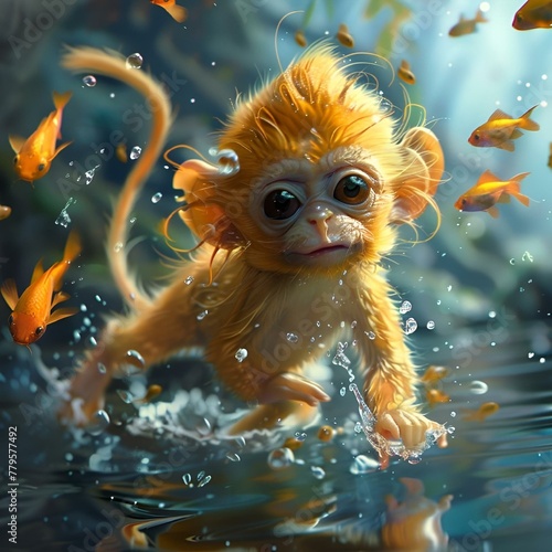 AI generated illustration of a small adorable monkey playing in a pond with fish