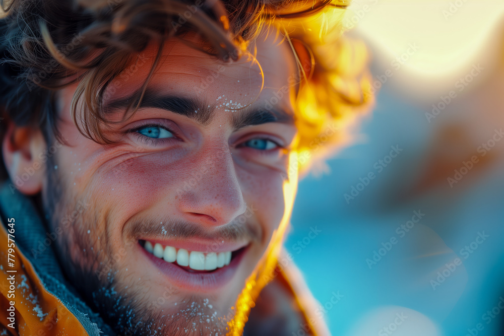 AI generated illustration of a smiling man in the snow, basking in the warm sunlight