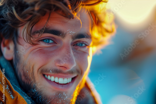 AI generated illustration of a smiling man in the snow  basking in the warm sunlight