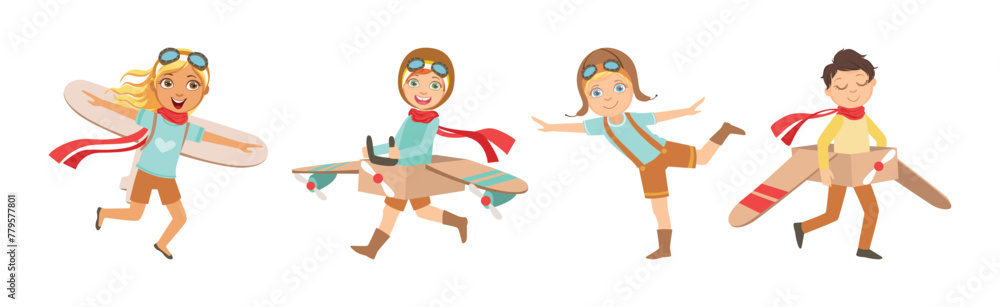 Cheerful Kids Playing Pilot with Plane and Wings Vector Set Cheerful Kids Playing Pilot with Plane and Wings Vector Set