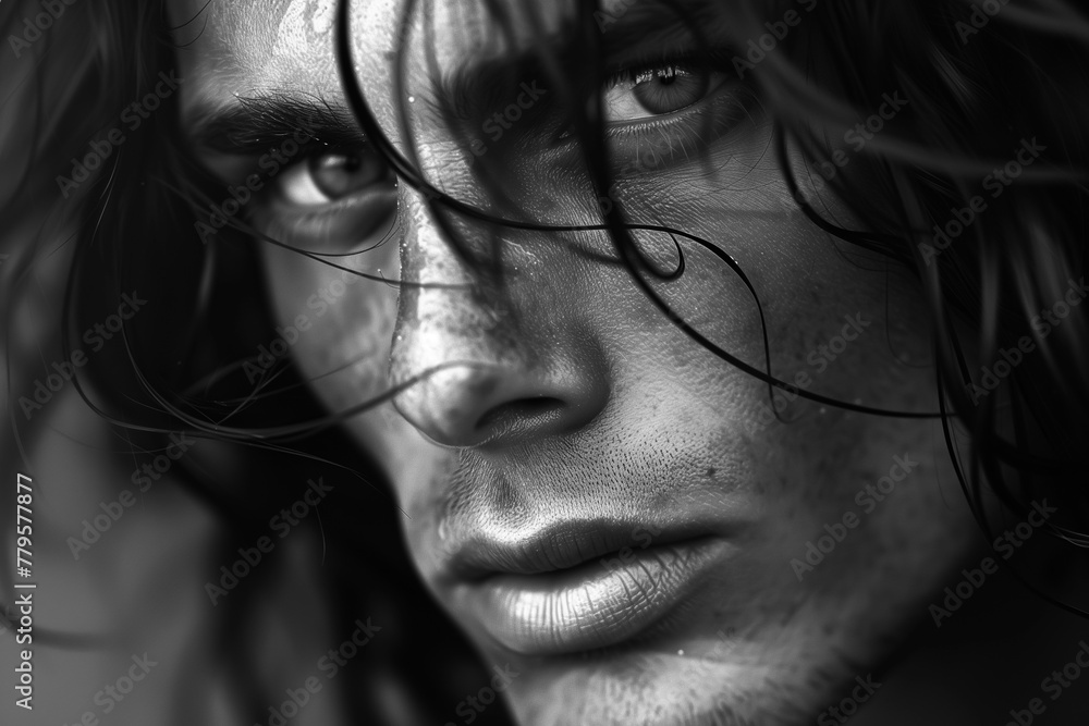 AI generated illustration of a long-haired man making intense eye contact with the camera AI generated illustration of a long-haired man making intense eye contact with the camera