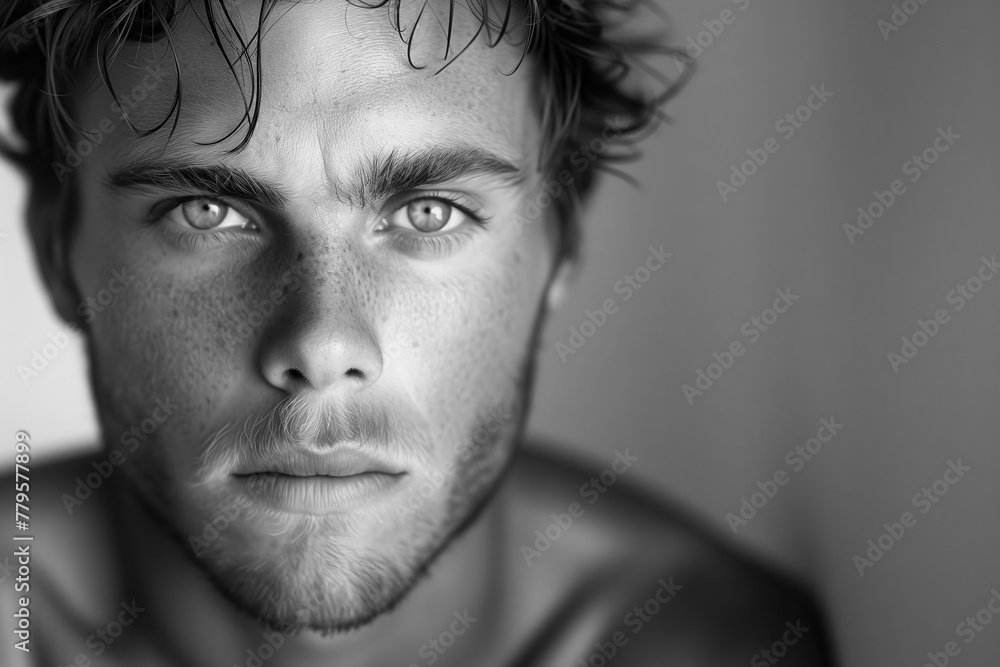 AI generated illustration of a man with wet hair making eye contact with the camera AI generated illustration of a man with wet hair making eye contact with the camera