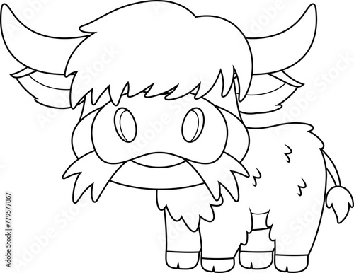 Outlined Cute Highland Cow Animal Cartoon Character Eating A Grass. Vector Hand Drawn Illustration Isolated On Transparent Background