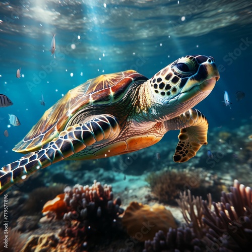 AI generated illustration of a turtle swimming in the turquoise water of the sea