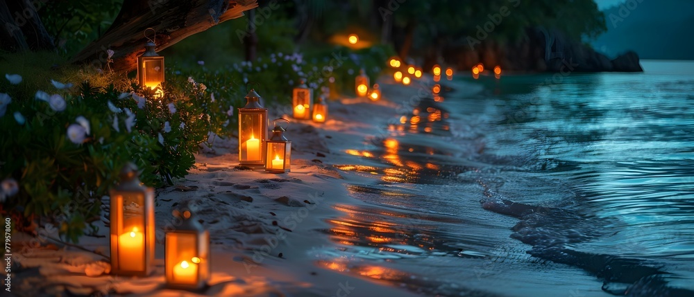 Seaside Camping Romance: Lanterns, Flowers, and Candles for a Magical Evening. Concept Seaside Camping, Lanterns, Flowers, Candles, Romantic Evening Seaside Camping Romance: Lanterns, Flowers, and Candles for a Magical Evening. Concept Seaside Camping, Lanterns, Flowers, Candles, Romantic Evening