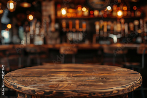 Generative AI image of a wooden round table and pub or bar blur background. © JoseLuis