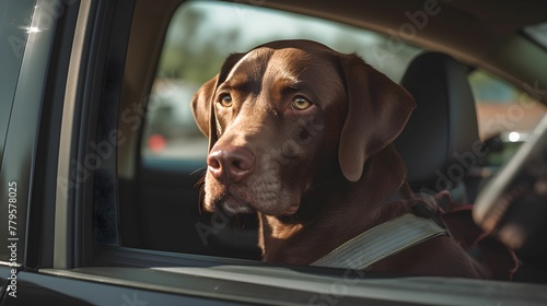 Close-up of a brown labrador looking out the back window of a car. AI-generated.