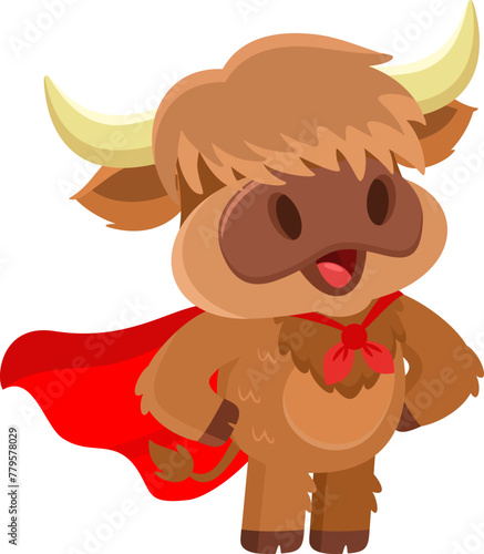Cute Highland Cow Animal Cartoon Character SuperHero. Vector Illustration Flat Design Isolated On Transparent Background