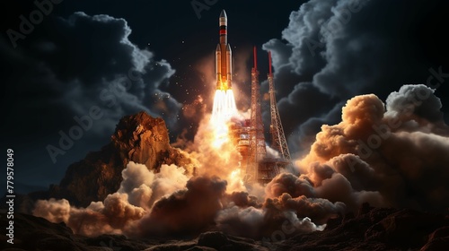 Space rocket during launch emits puffs of smoke as it rises. AI-generated. photo