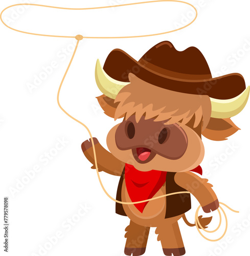 Cute Highland Cow Animal Cartoon Character Cowboy With Lasso. Vector Illustration Flat Design Isolated On Transparent Background