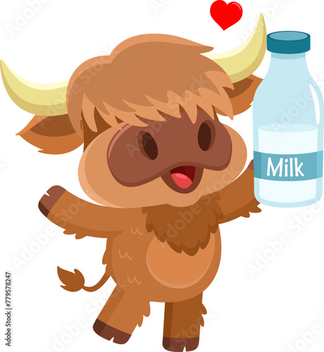 Cute Highland Cow Animal Cartoon Character Holding Up A Milk Bottle. Vector Illustration Flat Design Isolated On Transparent Background