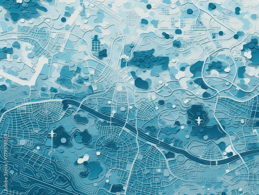 Cyan and white pattern with a Cyan background map lines sigths and pattern with topography sights in a city backdrop