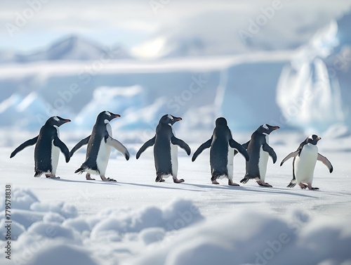 Group of penguins walking on a snowy beach  AI-generated.