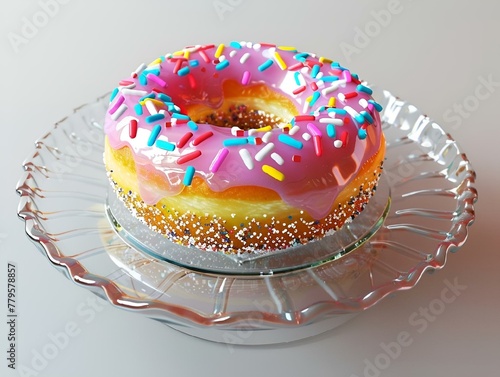 Donut with glazed icing and toppings of different colors on top for decoration, AI-generated. photo