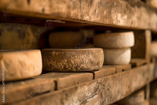 AI generated illustration of various vintage wheels displayed on shelves in an antique shop