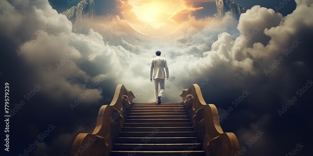 Man climbing stairs leading to heaven. - obrazy, fototapety, plakaty 